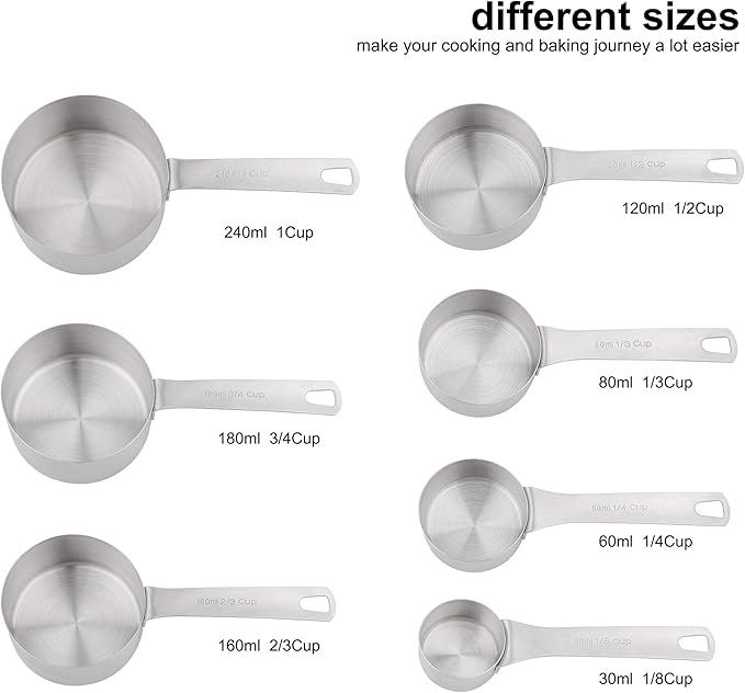 Smithcraft Measuring Cups Set, 18/8 Stainless Steel Measuring Cups and Spoons Set, Metric&US Metal Measuring Cups and Spoons Set for Baking&Kitchen, Heavy Duty 7 Measuring Cups & 8 Spoons With Leveler