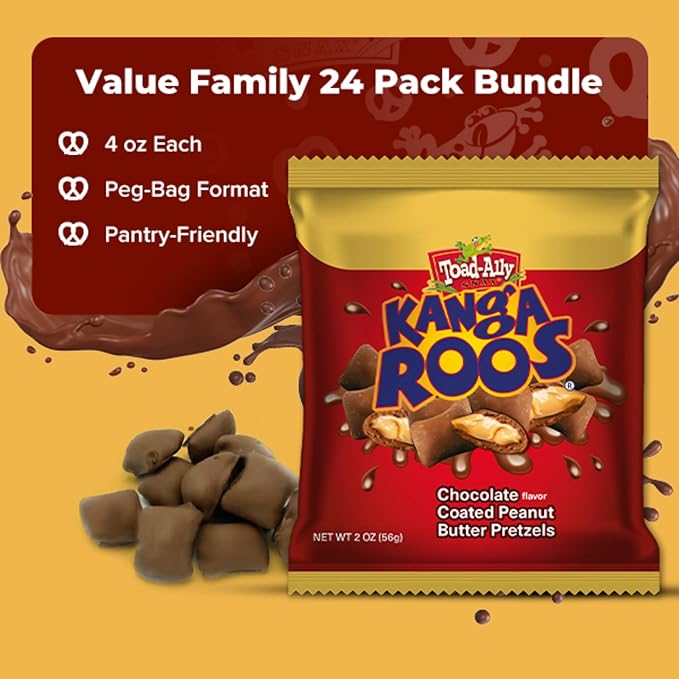 Kanga Roos Chocolate Covered Peanut Butter Filled Pretzels 2oz Bag | Sweet and Salty Snack Treat | Crunchy Pretzels Coated in Chocolate | Grab-and-Go Candy Snack - 2 oz x 24 ct. - Peg Bag