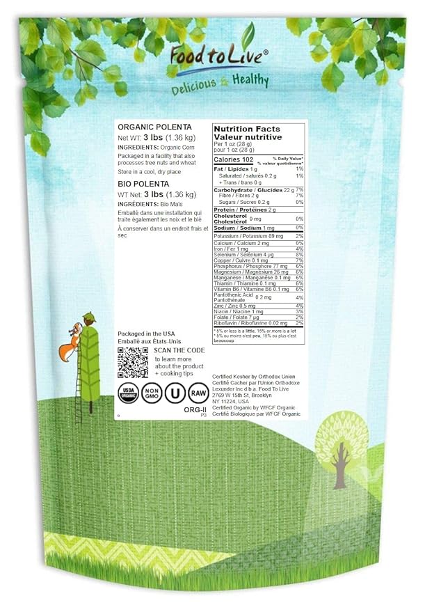 Food to Live Organic Yellow Polenta, 3 Pounds - Non-GMO Yellow Corn Grits, Ground Cornmeal, Quick Cooking, Vegan, Kosher, Bulk, For Hot Cereal and Porridge. Low Sodium, Milled Maize, Corn Meal