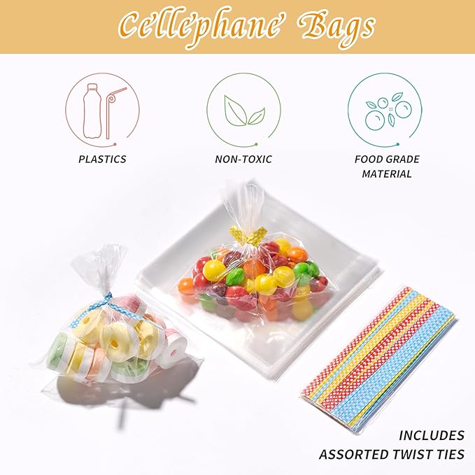 Brandon-super 200 PCS Transparent Clear Cellophane Bags 4x4 Inches, Clear Treat Bags with Ties for Cookie Bags Resealable Cellophane Bag for Packaging Cookies,Gifts,Products,Candy,Favors, Brandon610
