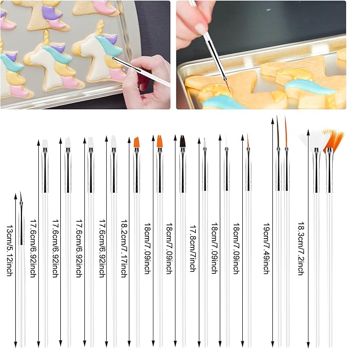 Aster 15Pcs Cake Decorating Brushes, Cake Painting Brushes Kit Food Safe Paint Brushes Multiple Function Cookie Brushes Fondant Sugar DIY Tool Set Candy Icing Pastry Brush for Baking(White)