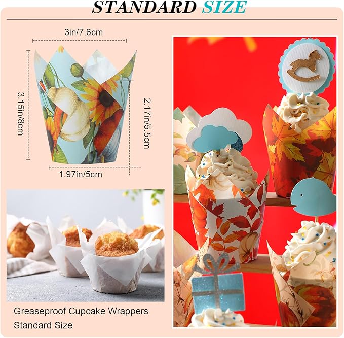 500 Counts Thanksgiving Tulip Cupcake Liners Birthday Party Muffin Cupcake Baking Liners Grease Proof Cake Liner Holders for Fall Christmas Halloween Birthday Party(Maple)