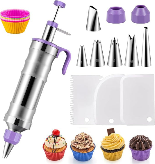 Dessert Decorating Syringe Set, Stainless Steel Frosting & Icing Piping Kit with 6 Tips and 9 Silicone Cupcakes,3 Cream Scraper for Cake Decorating Tools Cupcake Decorating Kit (Purple)