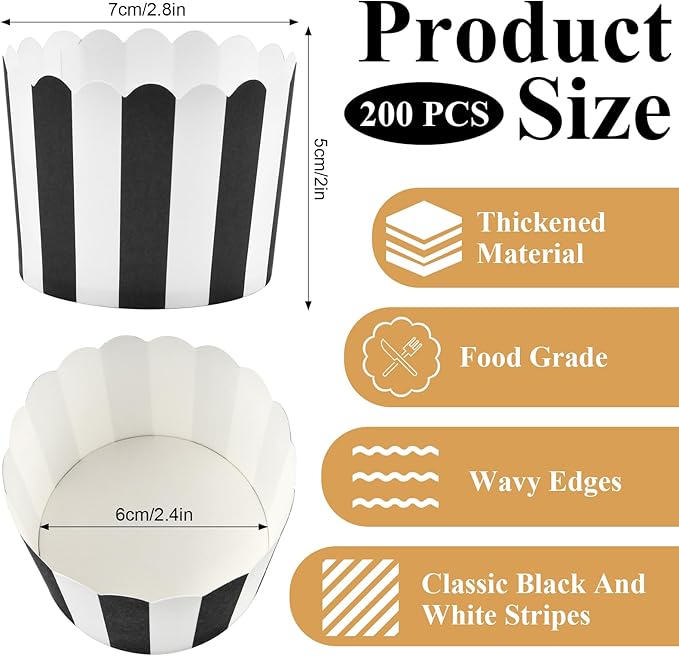 200 Pcs Black and White Cupcake Liners, Paper Baking Cups, Greaseproof Muffin Liners, Elegent Cupcake Muffin Cases, Disposable Cupcake Wrappers for Baby Shower Birthday Themed Party