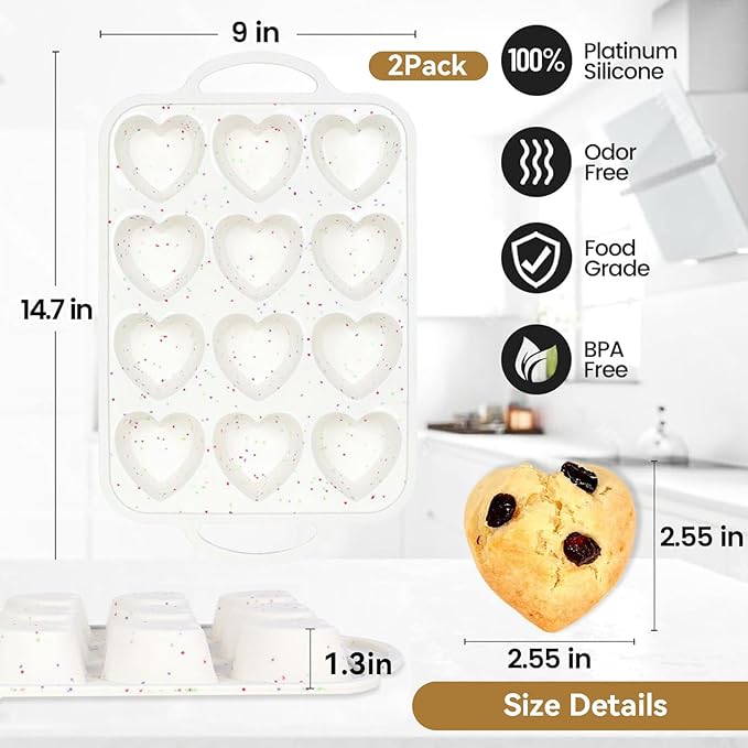 Mini Loaf Pans, Metal Reinforced Frame Silicone Mini Bread Loaf Pans 24 Cavities Nonstick for Baking Cornbread, Small Bread, Small Loaf, Brownie, Cheesecake, Cupcake (2 Pack Heart-shaped)