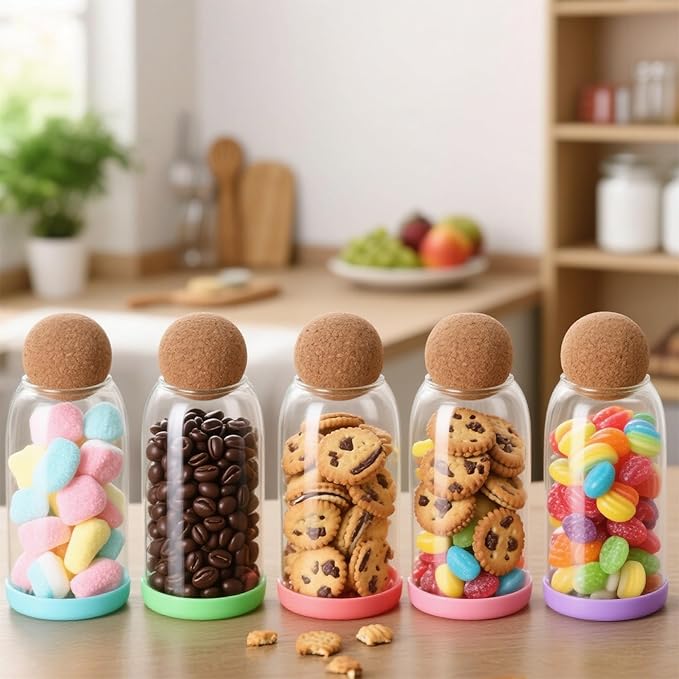 5 pcs 27oz/800ML Glass Storage Container with Ball Cork Glass Jars with Cork Lids Glass Food Storage Containers with Ball Stopper Coffee Canister for Beans,Oats,Spices,Candies,Nuts,Biscuits