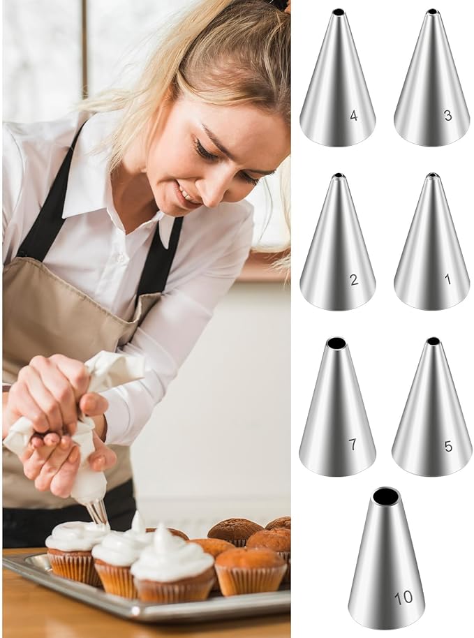 7 Pcs Round Piping Tips Cupcake Frosting Nozzles Set Stainless Steel Cake Decorating Tool Russian Pastry Icing Supplies for Baking Cream Bag Cookies Puff Doughnut Filler