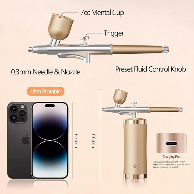 Airbrush Kit With Compressor 48PSI Rechargeable High Pressure Air Brush Set Cordless Airbrush Kit with 0.3mm Nozzle for Painting,Nail Art, Cake Decor,Makeup,Modeling (Golden)