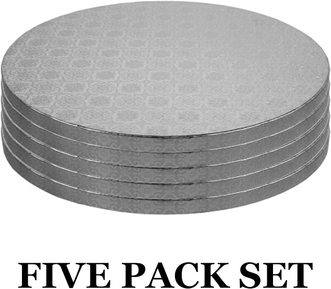 O’Creme Cake Board, Silver Foil Round Cake Circles with Gorgeous Design, Sturdy & Durable 1/2” Thick Cake Drums, Round Cake Boards with 10” Diameter, Pack of 5 Disposable Cake Drums