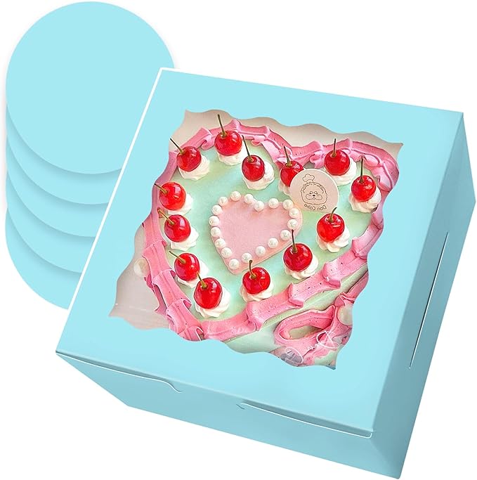Bakepacker 36pcs 8x8x5 Inches Light Blue Cake Boxes with Window, 18-Pack (18 Cake Boxes + 18 Cake Boards Included)