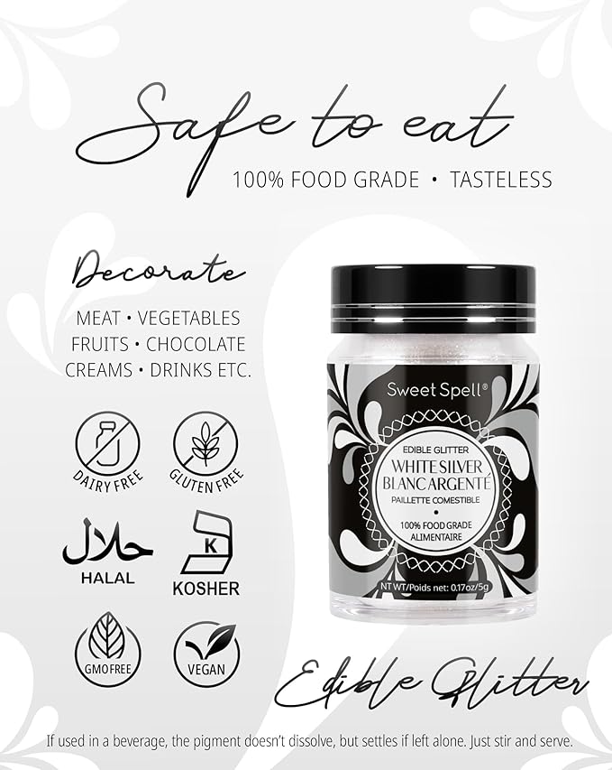 Sweet Spell Edible Glitter (15g) - Shimmer Sparkles for Drinks, Cakes, Cocktails - 100% Edible & Food Grade Glitter, Vegan, Gluten-Free (White Silver)
