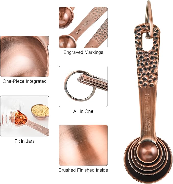 Smithcraft Copper Measuring Cups and Spoons Set 10, Metric & US Stainless Steel Measuring and Spoons Set for Baking & Kitchen, Nesting 4 Metal Measure Cups & 5 Spoons & Leveler for Dry & Liquid