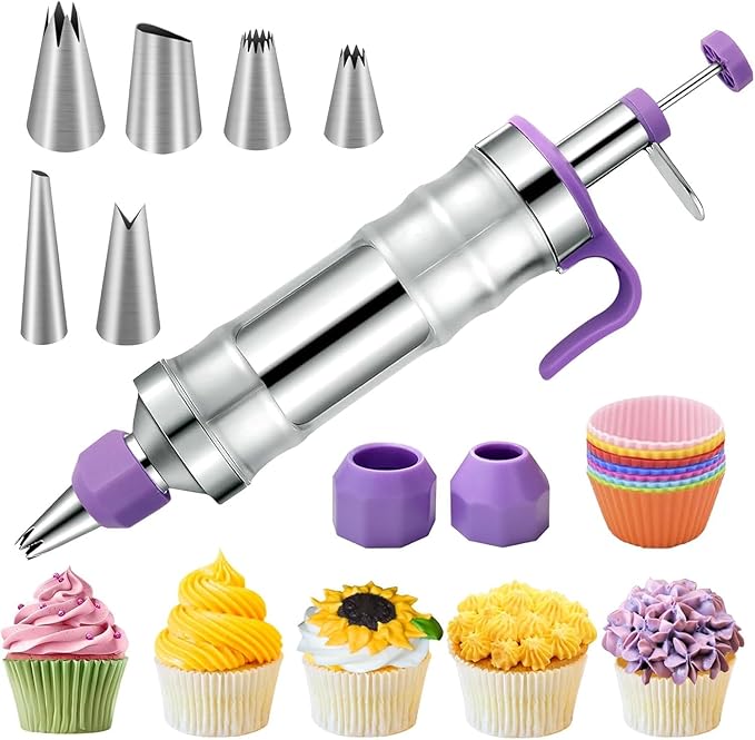 FANTEXY Dessert Decorating Syringe Kit With 6 Frosting Icing Tips for Cake Decorating, Stainless Steel Cupcake Decorating Kit For Cakes, Cookies,Icing Gun and Tips Set
