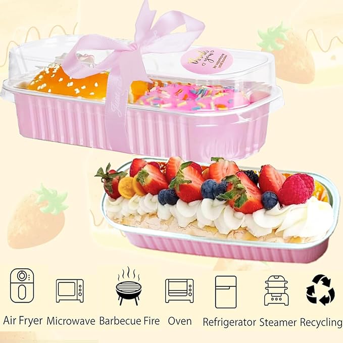 50 Pack Mini Loaf Pans with Lids and Spoons, 6.8 Oz Mini Cake Pans with Lids for Baking,Pink Disposable Rectangle Aluminum Foil Loaf Pan with Ribbon Stickers，Small Cake Containers Tin（Pink）