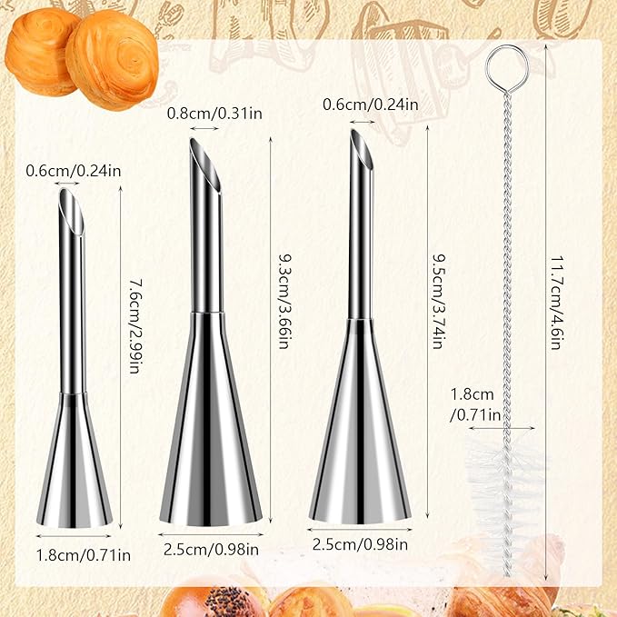 3Pcs Churro Piping Tip Long Cream Icing Piping Nozzle Tips with 2 Brushes Stainless Steel Eclair Piping Tip Small Icing Tips for Pastry Puff Cake Decorating Tools