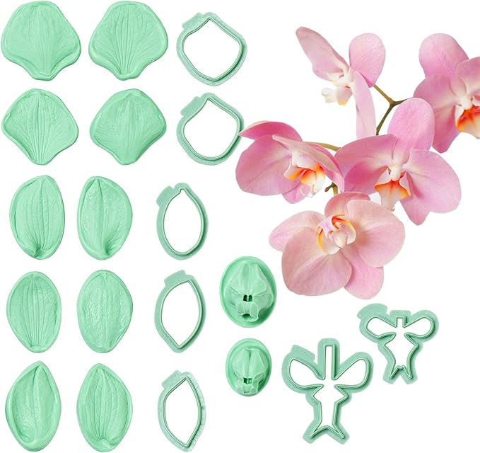 19Pcs Phalaenopsis Orchid Fondant Mold Set, Detailed Silicone Flower Veining Molds for Elegant Cake Decorating and Sugar Flowers