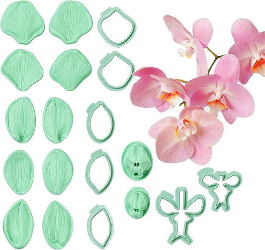19Pcs Phalaenopsis Orchid Fondant Mold Set, Detailed Silicone Flower Veining Molds for Elegant Cake Decorating and Sugar Flowers