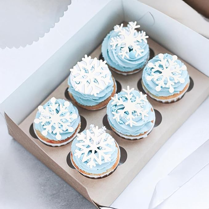 Gyufise 60Pcs Edible Snowflake Cupcake Toppers Winter Cupcake Picks Water Paper Winter Frozen Cake Decorations for Snowflake Theme Baby Shower Kids Birthday Party Supplies White