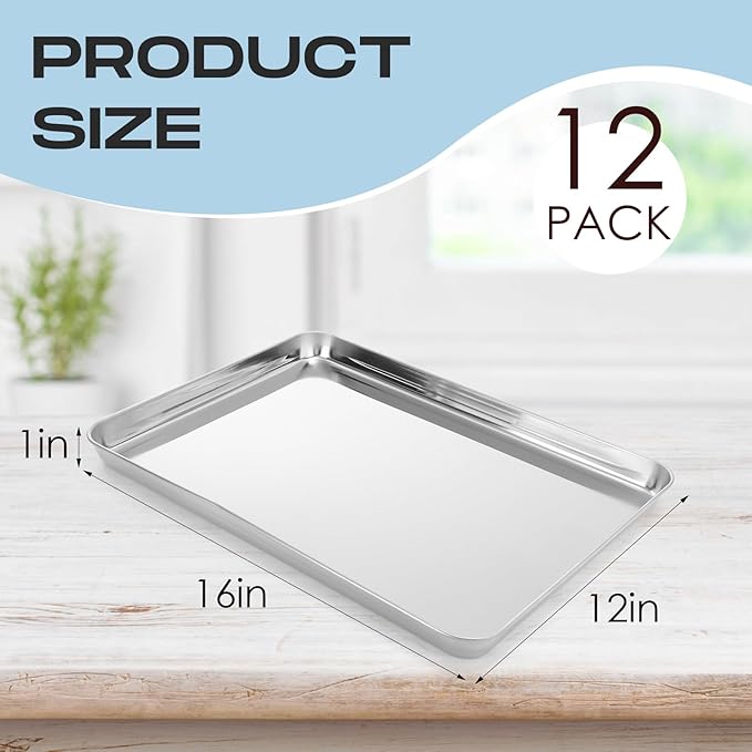 Zopeal 12 Pieces Baking Sheet Pan Cookie Sheet Set for Oven Stainless Steel Trays Nonstick Small Serving Tray Cake Toaster Metal Food Trays, Oven and Dishwasher Safe(16 x 12 x 1 Inch)