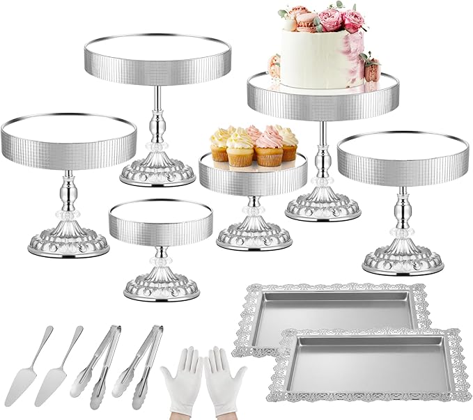 12 Pieces Silver Cake Stand Set, Vintage Cake Display Stand with Crystal Edge and Cupcake Display Tray, Dessert Table Display Set for Wedding Party Baby Shower Anniversary Celebration