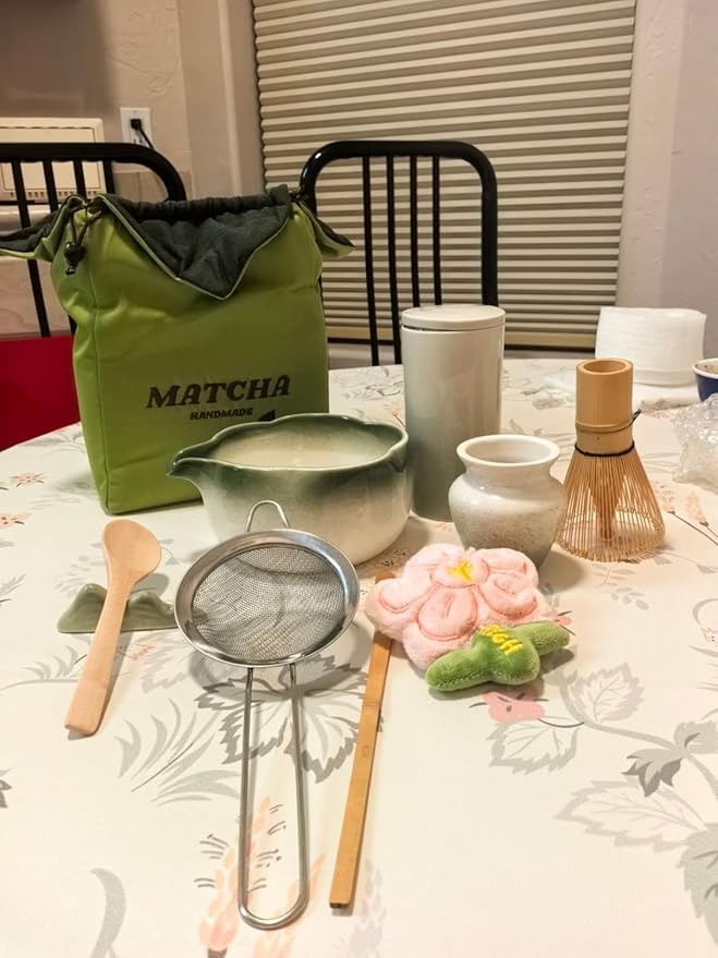 Matcha Whisk Set, 10 Pcs Large Set, Matcha Bowl with Whisk Holder and Spoon Rest All In One Bag, Sakura pink and Matcha Green, Perfect for Enthusiasts, Gift-giving, Christmas Gift