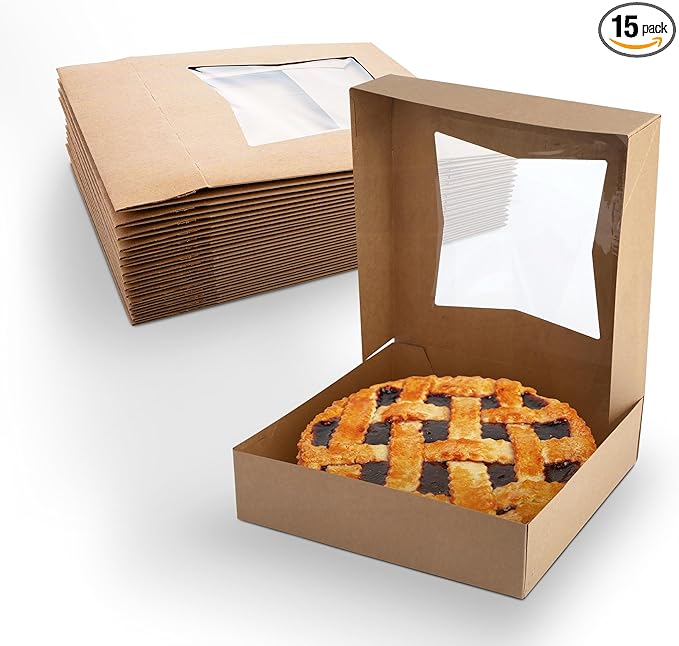 MT Products Kraft Bakery Boxes 9" x 9" x 2.5" - Auto Pop-Up Pie or Cake Boxes with Window (Pack of 15) - Made in the USA