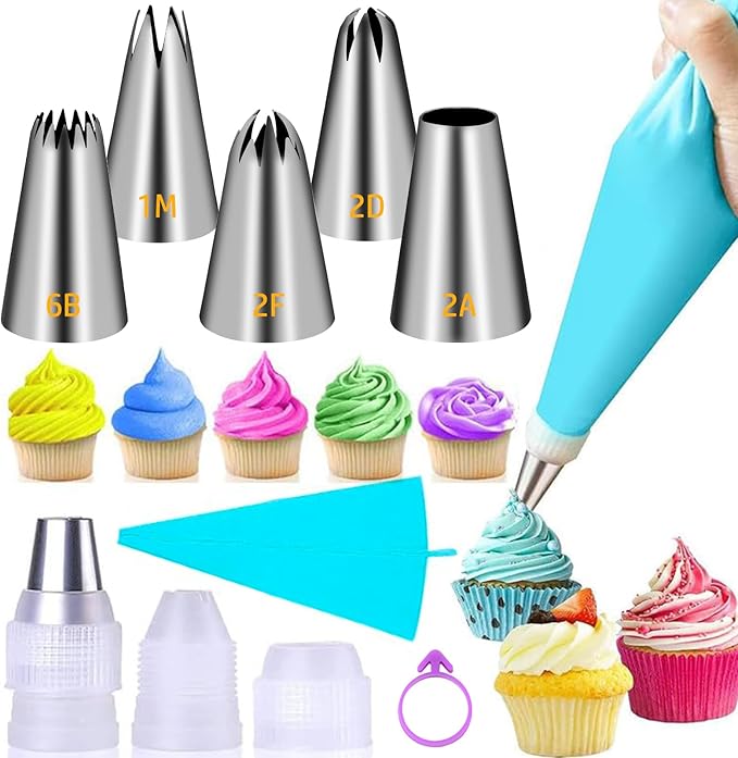 Suuker Large Piping Tips Set, Stainless Steel Cake Decorating Tips, Large Pastry Tips and Piping Bags, Frosting Icing Tips for Cupcakes, Cake, Cookie (1M 2D 2F 6B 2A)