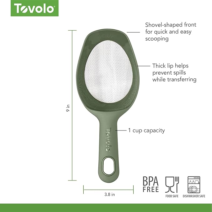 Tovolo Scoop & Sift, Ergonomic Fine Mesh Sieve Flour Sifter, Easy Scoop 1 Measuring Cup, Dishwasher-Safe Baking Tool for Dusting & Aerating, Thyme