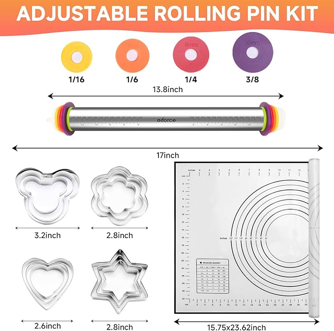 Stainless Steel Rolling Pin with Thickness Rings and Pastry Baking Mat, Pizza, Cookie, Bread, Pie Crusts,Roller Rod for Dough Thickness, 13.6" with 4 Multicolored Thickness Rings&Cookie Molds