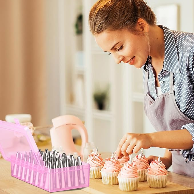 2pcs Piping Tip Box with Fixed Pins 84 Piping Tip Organizer Baking Cake Decoration Tool Storage Box(Pink)