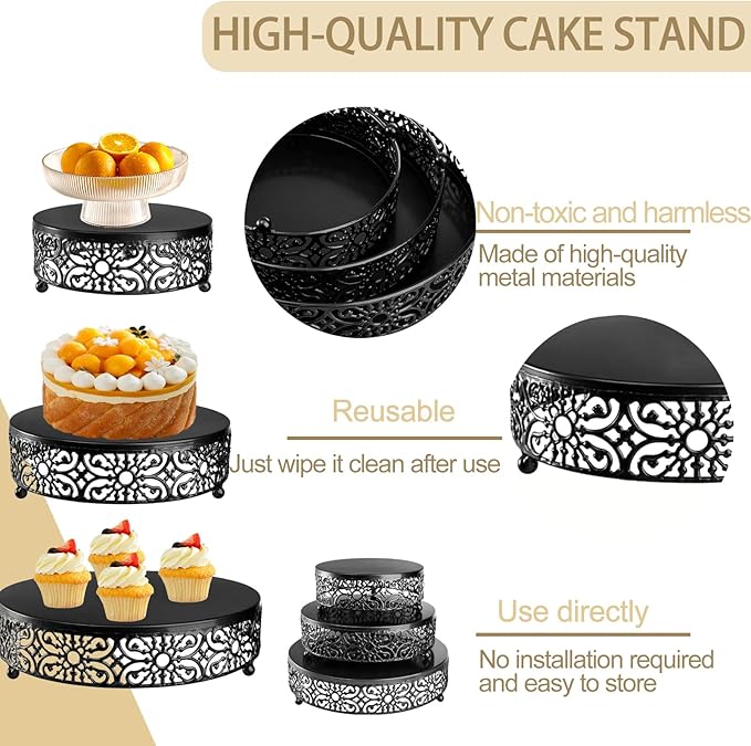 3 Set Black Cake Stand，Dessert Cupcake Pastry Candy Display Plate for Party，Elegant Round Cylinder Columns tables for Weddings Cake Stands，Plant Tables，Birthday Party