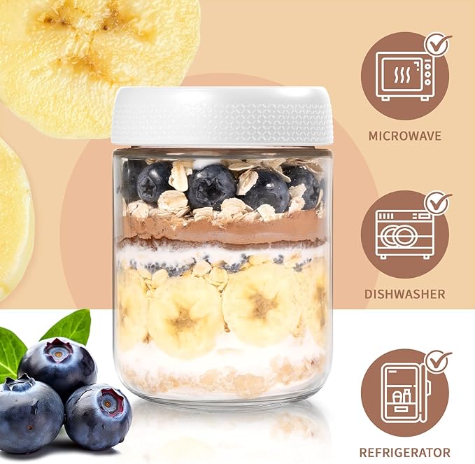 6-Pack Glass Storage Containers with Lids, Overnight Oats Containers with Lids, Wide Mouth Mason Jars 16oz, Glass Jar with Airtight Lid for Yogurt, Chia, Spice, Snack, Oats, Food Storage