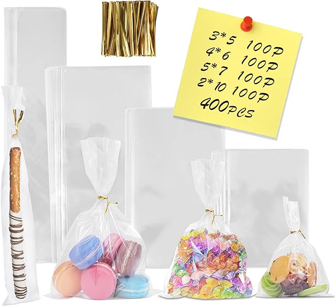 400 PCS Clear Flat Cellophane Treat Bags with 3x5",4x6",5x7",2x10",Treat Bags with Ties are Good for Pretzel Rods,Bakery, Cookies, Candies,Dessert.