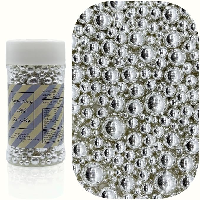 Dynastang Mixed Size Silver Pearls Sprinkles Edible Pearls Cake Decorating Pearls Cake Decorations Cupcake Toppers Cookie Decorating Perfect for Cakes, Cupcakes, Desserts Toppings 3OZ