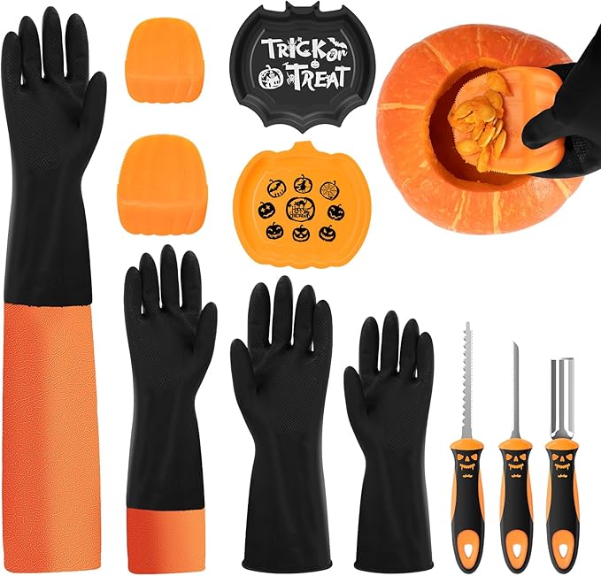 Pumpkin Scraper Glove - Complete Halloween Pumpkin Carving Kit,2 Pairs of Gloves & 2 Scrapers(One for Adults,One for Kids),3 Pumpkin Carving Tools,Easily Clean & Carve Your Halloween Pumpkins.