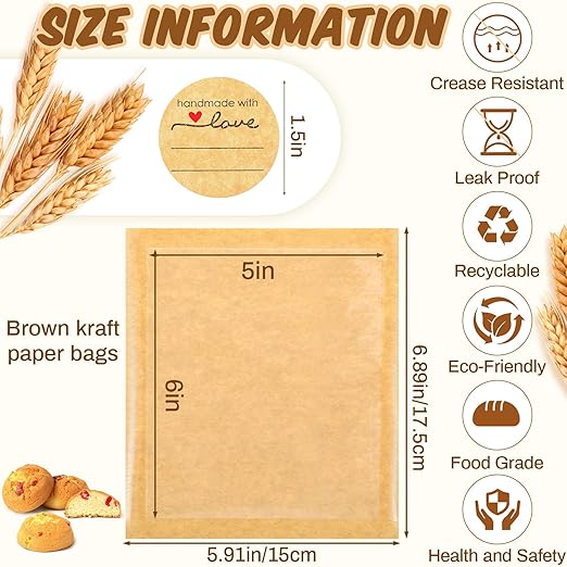 Outus 200 Pcs Cookie Packaging Bags with Seal, 5 x 6 Inch Bakery Pastry Bags with Window, Heat Sealable Grease Resistant Paper to Go Bake Sleeves for Gift Giving Donut Bread Sandwich (Brown)