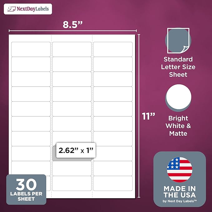 NextDayLabels - Laser/Ink Jet White Labels (2-5/8" x 1" - 30 Per Page | 7,500 Labels)