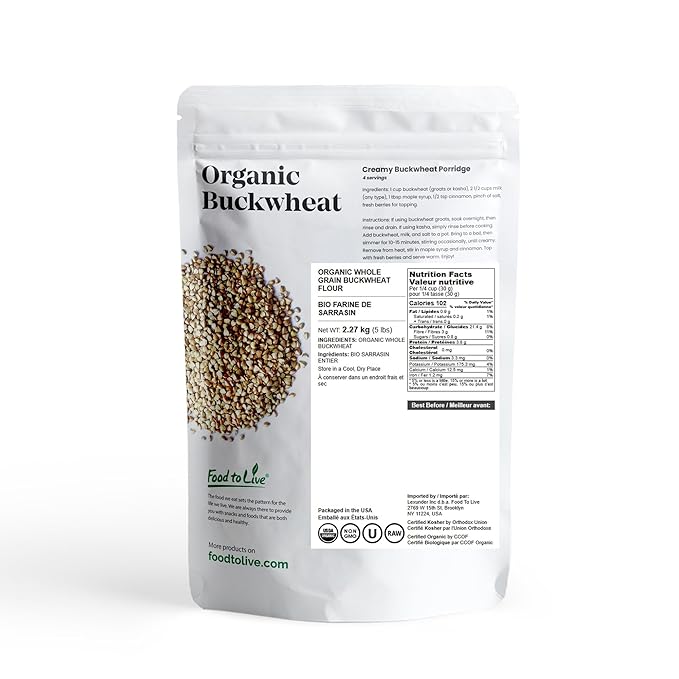 Food to Live Organic Whole Grain Buckwheat Flour, 5 Pounds – Non-GMO, Kosher, Unbleached, Unbromated, Unenriched, Stone Ground, Powder, Meal, Sirtfood, Bulk