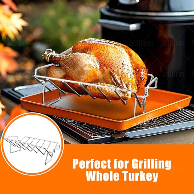 Thanksgiving Turkey Roasting Rack Stand for Smoker and Grill, Turkey Roaster V Rack Stainless Steel Rib Racks for Grilling and Smoking, for Large and XLarge Big Green Egg,Kamado Joe,Big Joe