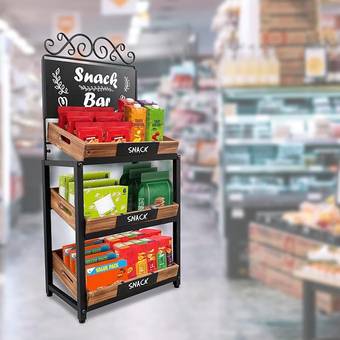 MyGift Fruit Stand and Produce Stand with Burnt Wood Trays, Bakery Display Rack, Bread Display Shelf, 3-Tier Vintage Metal Design with Chalkboard Signs