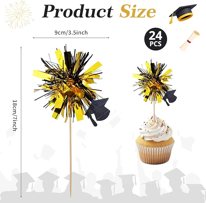 24Pcs Graduation Cupcake Toppers,Class of 2025 Foil Firework Cupcake Toppers Tinsel Food/Appetizer Picks For Graduation CupCake Decorations Supplies Favor