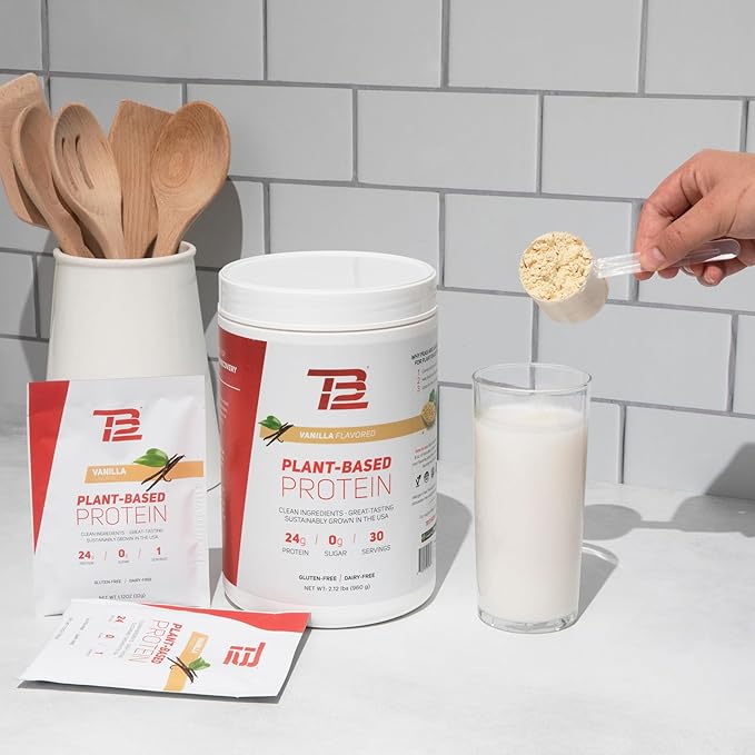 TB12 Plant Based Protein Powder by Tom Brady, 24g of Vegan Pea Protein, Low Sugar, Low Carb, Non-GMO, Meal Replacement, Keto Friendly, Paleo, Sugar Free, Vanilla Flavor (30 Servings/2.12lbs)