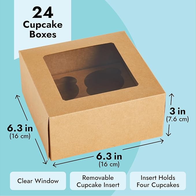 Juvale Cupcake Boxes - Clear Window Display - Easy Assembly for Muffin Packaging - Food Grade Cupcake Containers - Pack of 24, 6-Count, Brown Paperboard, 9.4 x 6.2 x 2.9 in