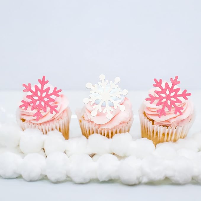Gyufise 60Pcs Edible Snowflake Cupcake Toppers Winter Cupcake Picks Water Paper Winter Frozen Cake Decorations for Snowflake Theme Baby Shower Kids Birthday Party Supplies Pink White