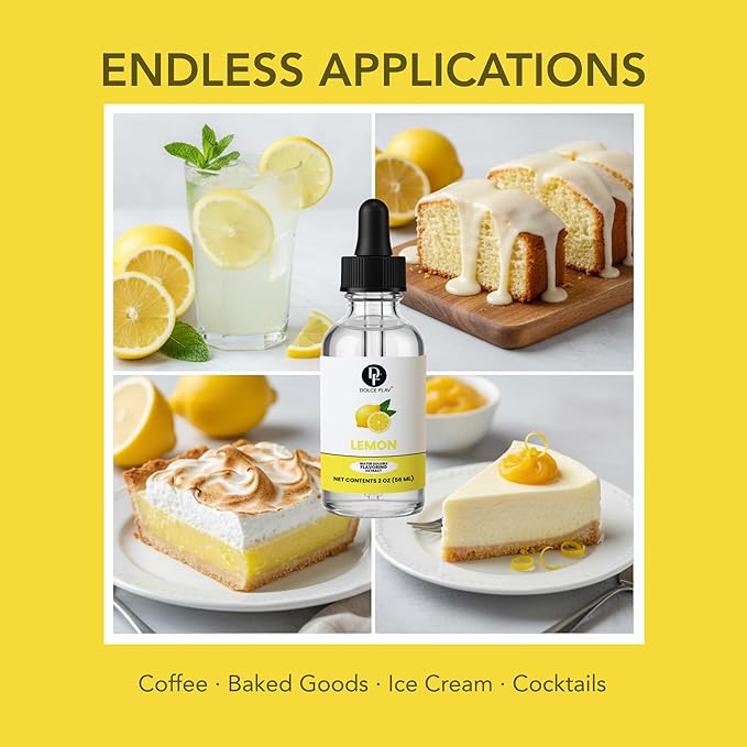Natural Lemon Extract – Crisp Lemon Flavoring for Drinks, Baking, Desserts, Cocktails & Mocktails | 2 oz Glass Bottle with Graduated Dropper | Fresh Citrus Taste | Dolce Flav
