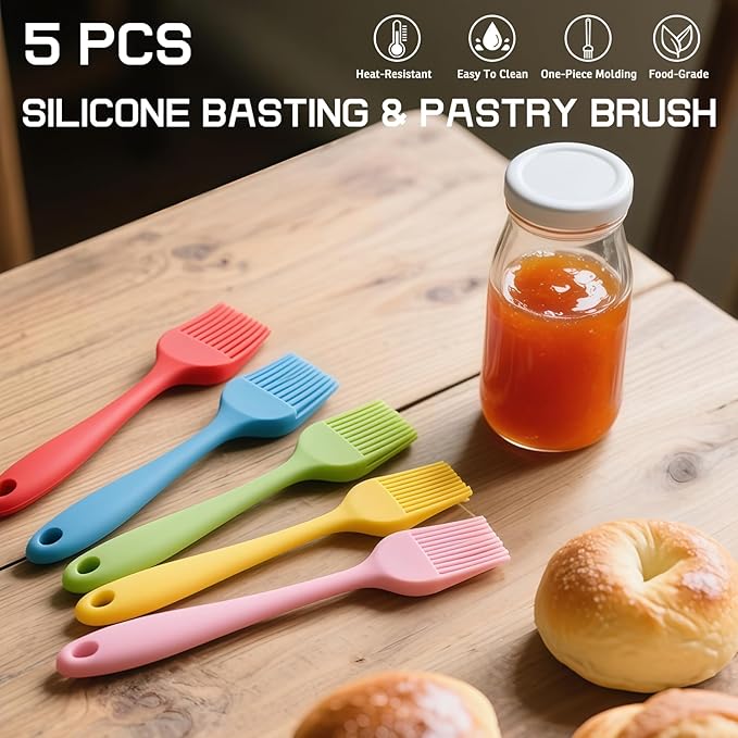 Silicone Basting Pastry Brush, Heat Resistant Food Brush Set for Cooking, One-Piece Design Oil Brush, Prefect of Baking, BBQ, Spreading Oil, Butter, Grilling and Marinade, Dishwasher Safe