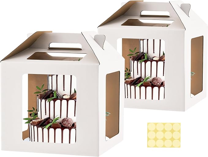 XININSUN Tall Cake Boxes for Tier Cakes 14x14x14 Inch Tall Cake Carrier with 6 Windows,Large Tierd Cake Take Out Transport Containers with Handle for Wedding, Birthday, Party-2Pack