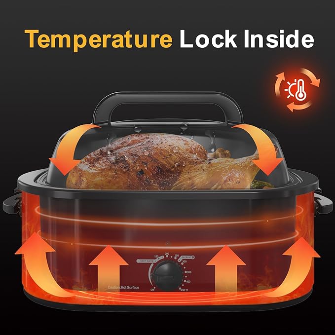 Turkey Roaster Oven Buffet with Self-Basting Lid, 1450W Electric Roaster Oven with Cool-Touch Handles, Stainless Steel with Removable Pan and Rack, Red