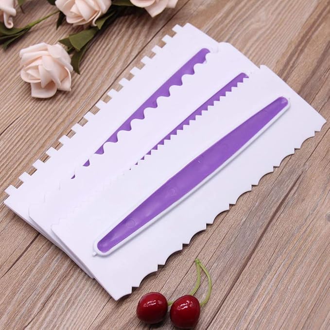 Antallcky Decorating Comb and Icing Smoother Set of 3 Pack Decorating Mousse Butter Cream Cake Edge Tools, Plastic Sawtooth Cake Scraper Polisher 6 Design Textures-White/Purple