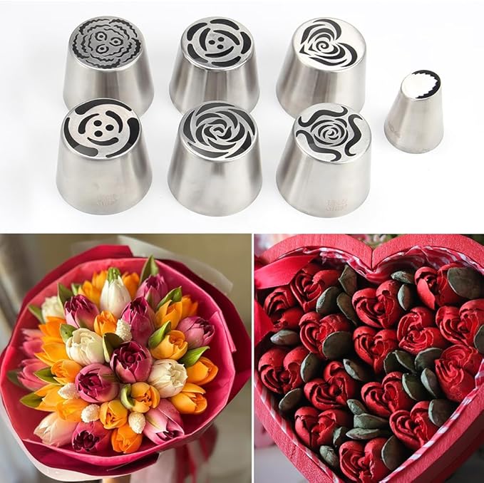 6 Pieces Extra Large Stainless Steel Russian Tulip Marshmallow Icing Tips Kit, Cupcake Dessert Piping Nozzles Set,1 Small Size Russian Icing Tip for Cake Decorations,Pastry Baking Tools